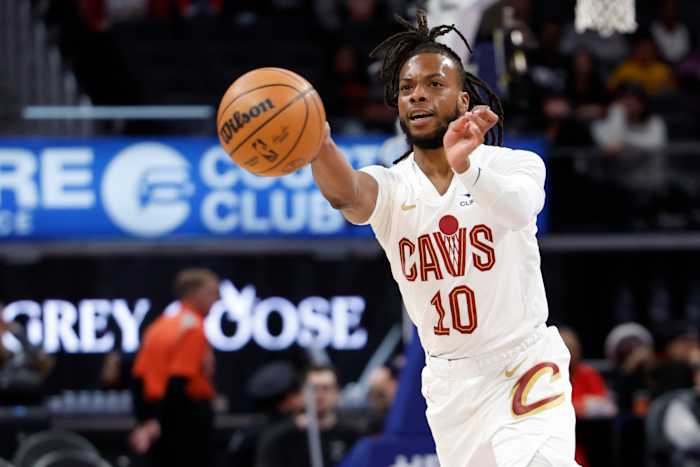 Mar 1, 2024; Detroit, Michigan, USA; Cleveland Cavaliers guard Darius Garland (10) passes in the first half against the Detroit Pistons at Little Caesars Arena. Mandatory Credit: Rick Osentoski-USA TODAY Sports